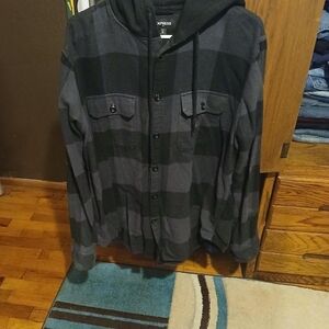 Express Black Hoodie with Plaid Accents